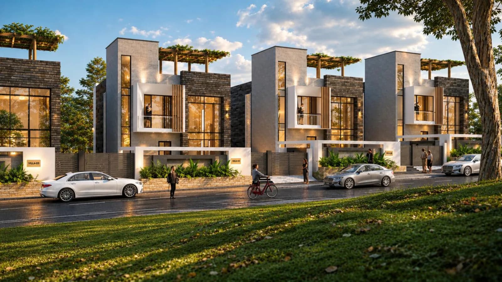 Villa streetscape at dusk — daylit envelopes and hillside living designed for Net-Zero performance